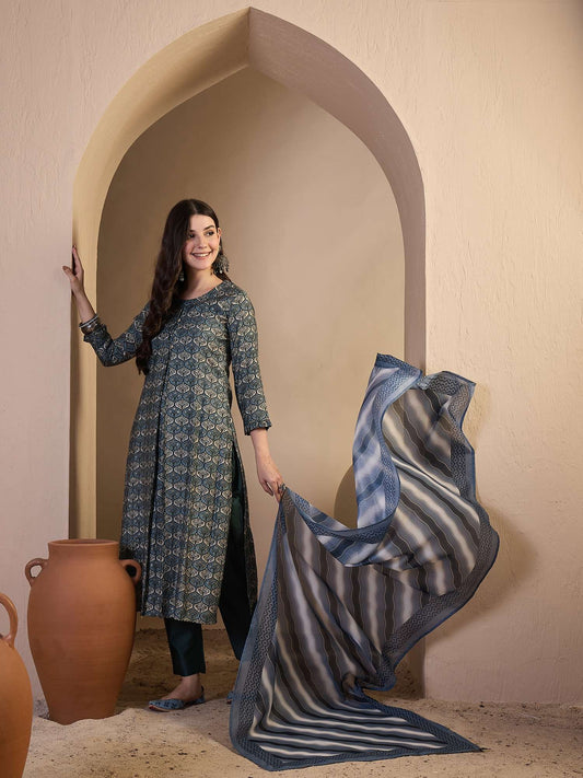 Women Floral Printed and Zari Embroidered A-Line Kurta Set with Dupatta