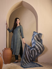 Women Ethnic Motifs Printed Regular Chanderi Cotton Kurta with Trousers & With Dupatta
