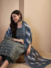 Women Ethnic Motifs Printed Regular Chanderi Cotton Kurta with Trousers & With Dupatta