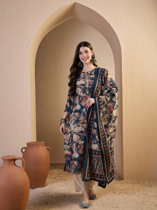 Women Floral Printed Regular Thread Work Chanderi Cotton Kurta with Trousers & With