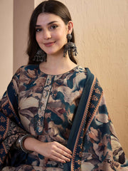 Women Floral Printed Regular Thread Work Chanderi Cotton Kurta with Trousers & With