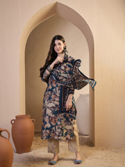 Women Floral Printed Regular Thread Work Chanderi Cotton Kurta with Trousers & With