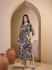 Women Floral Printed Regular Thread Work Chanderi Cotton Kurta with Trousers & With