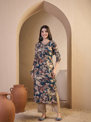 Women Floral Printed Regular Thread Work Chanderi Cotton Kurta with Trousers & With