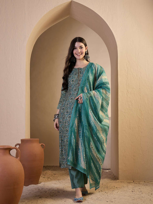 Women Floral Printed Empire Thread Work Chanderi Cotton Top with Trousers & With Dupatta