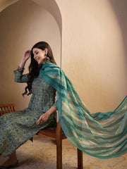 Women Floral Printed Empire Thread Work Chanderi Cotton Top with Trousers & With Dupatta