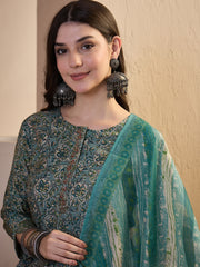 Women Floral Printed Empire Thread Work Chanderi Cotton Top with Trousers & With Dupatta