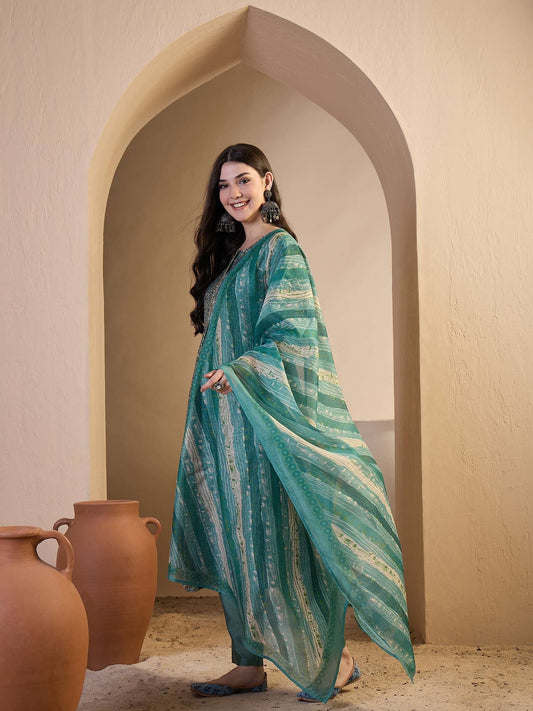 Women Floral Printed Empire Thread Work Chanderi Cotton Top with Trousers & With Dupatta