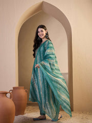 Women Floral Printed Empire Thread Work Chanderi Cotton Top with Trousers & With Dupatta