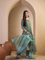 Women Floral Printed Empire Thread Work Chanderi Cotton Top with Trousers & With Dupatta