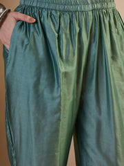 Women Floral Printed Empire Thread Work Chanderi Cotton Top with Trousers & With Dupatta