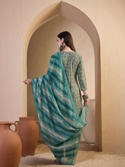Women Floral Printed Empire Thread Work Chanderi Cotton Top with Trousers & With Dupatta