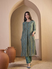 Women Floral Printed Empire Thread Work Chanderi Cotton Top with Trousers & With Dupatta