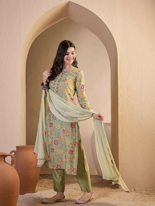 Women Floral Printed Regular Thread Work Chanderi Cotton Kurta with Trousers & With
