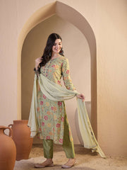 Women Floral Printed Regular Thread Work Chanderi Cotton Kurta with Trousers & With