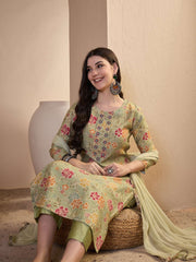 Women Floral Printed Regular Thread Work Chanderi Cotton Kurta with Trousers & With