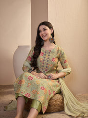 Women Floral Printed Regular Thread Work Chanderi Cotton Kurta with Trousers & With