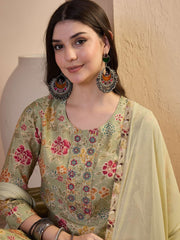 Women Floral Printed Regular Thread Work Chanderi Cotton Kurta with Trousers & With