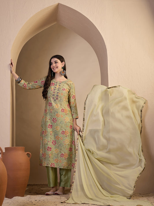 Women Floral Printed Regular Thread Work Chanderi Cotton Kurta with Trousers & With