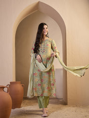 Women Floral Printed Regular Thread Work Chanderi Cotton Kurta with Trousers & With