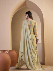 Women Floral Printed Regular Thread Work Chanderi Cotton Kurta with Trousers & With