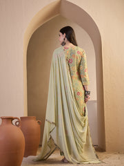 Women Floral Printed Regular Thread Work Chanderi Cotton Kurta with Trousers & With