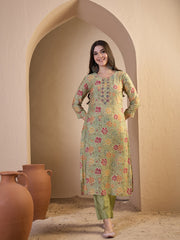 Women Floral Printed Regular Thread Work Chanderi Cotton Kurta with Trousers & With