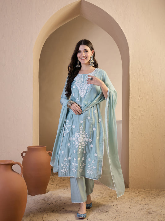 Women Floral Yoke Design Regular Thread Work Chanderi Cotton Top with Trousers & With