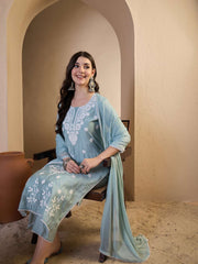 Women Floral Yoke Design Regular Thread Work Chanderi Cotton Top with Trousers & With