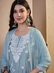 Women Floral Yoke Design Regular Thread Work Chanderi Cotton Top with Trousers & With