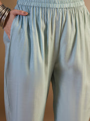 Women Floral Yoke Design Regular Thread Work Chanderi Cotton Top with Trousers & With