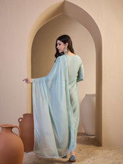 Women Floral Yoke Design Regular Thread Work Chanderi Cotton Top with Trousers & With