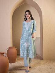 Women Floral Yoke Design Regular Thread Work Chanderi Cotton Top with Trousers & With