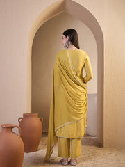 Women Floral Embroidered Regular Thread Work Chanderi Cotton Kurta with Trousers & With