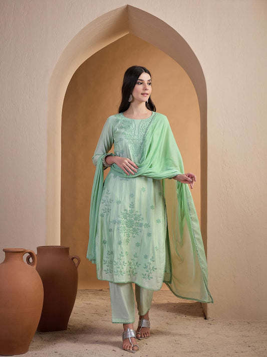 Women Floral Thread Embroidered Kurta Set With Dupatta