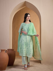 Women Ethnic Motifs Embroidered Regular Thread Work Chanderi Cotton Kurta with Trousers & With Dupatta