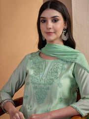 Women Ethnic Motifs Embroidered Regular Thread Work Chanderi Cotton Kurta with Trousers & With Dupatta