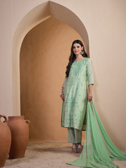 Women Ethnic Motifs Embroidered Regular Thread Work Chanderi Cotton Kurta with Trousers & With Dupatta