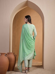 Women Ethnic Motifs Embroidered Regular Thread Work Chanderi Cotton Kurta with Trousers & With Dupatta