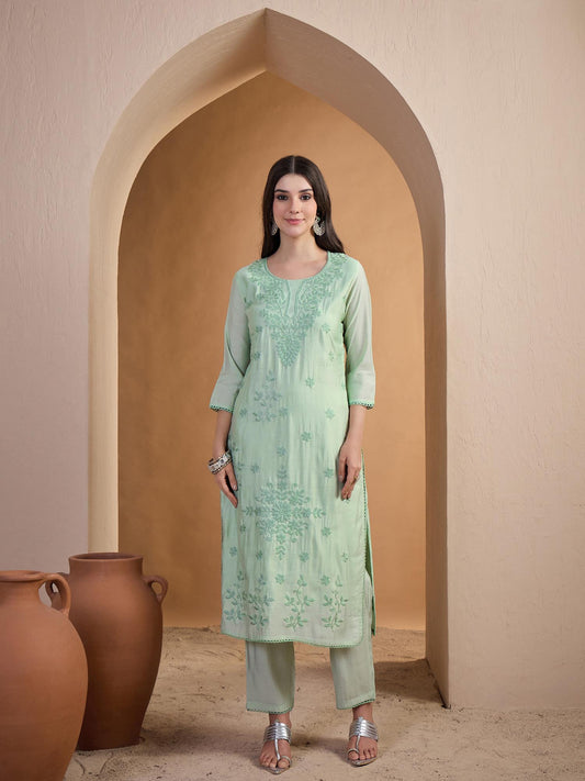 Women Ethnic Motifs Embroidered Regular Thread Work Chanderi Cotton Kurta with Trousers & With Dupatta