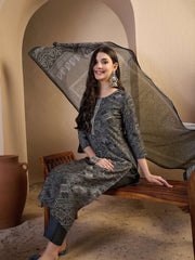 Women Ethnic Motifs Printed Regular Chanderi Cotton Kurta with Trousers & With Dupatta
