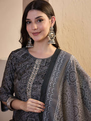 Women Ethnic Motifs Printed Regular Chanderi Cotton Kurta with Trousers & With Dupatta
