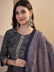Women Printed Regular Thread Work Chanderi Cotton Top with Trousers & With Dupatta