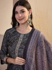 Women Printed Regular Thread Work Chanderi Cotton Top with Trousers & With Dupatta