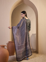 Women Printed Regular Thread Work Chanderi Cotton Top with Trousers & With Dupatta