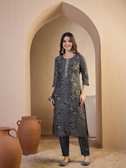 Women Printed Regular Thread Work Chanderi Cotton Top with Trousers & With Dupatta