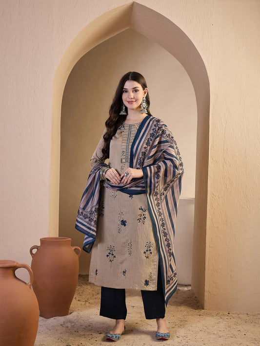 Women Floral Printed Regular Thread Work Chanderi Cotton Top with Trousers & With Dupatta