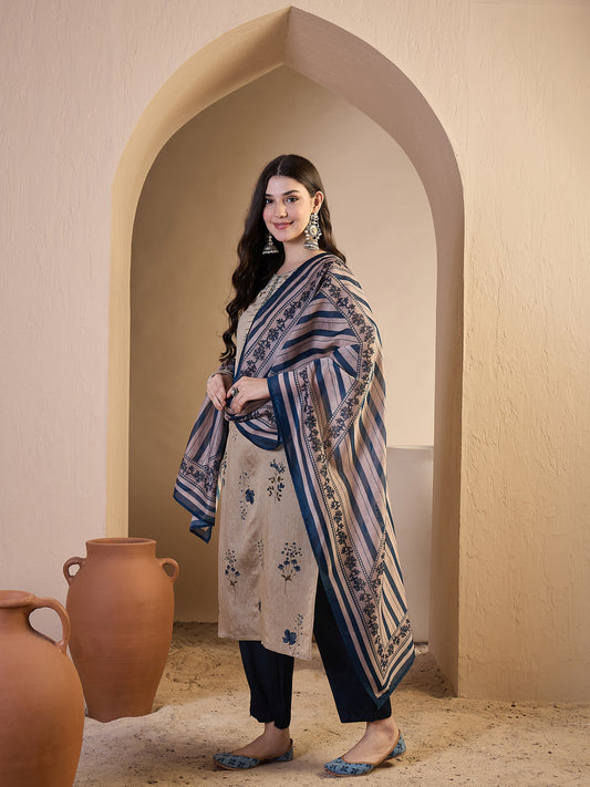 Women Floral Printed Regular Thread Work Chanderi Cotton Top with Trousers & With Dupatta