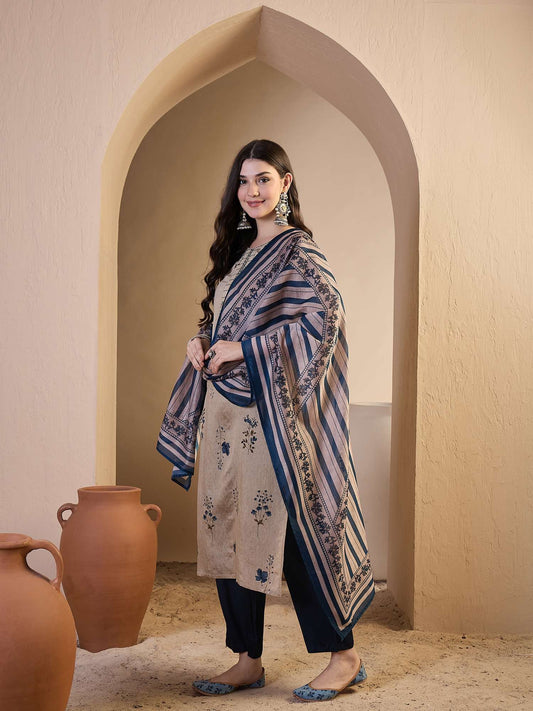 Women Floral Printed Regular Thread Work Chanderi Cotton Top with Trousers & With Dupatta