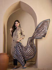 Women Floral Printed Regular Thread Work Chanderi Cotton Top with Trousers & With Dupatta